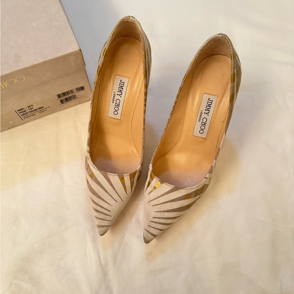 Jimmy Choo Striped Beige and Gold Heels